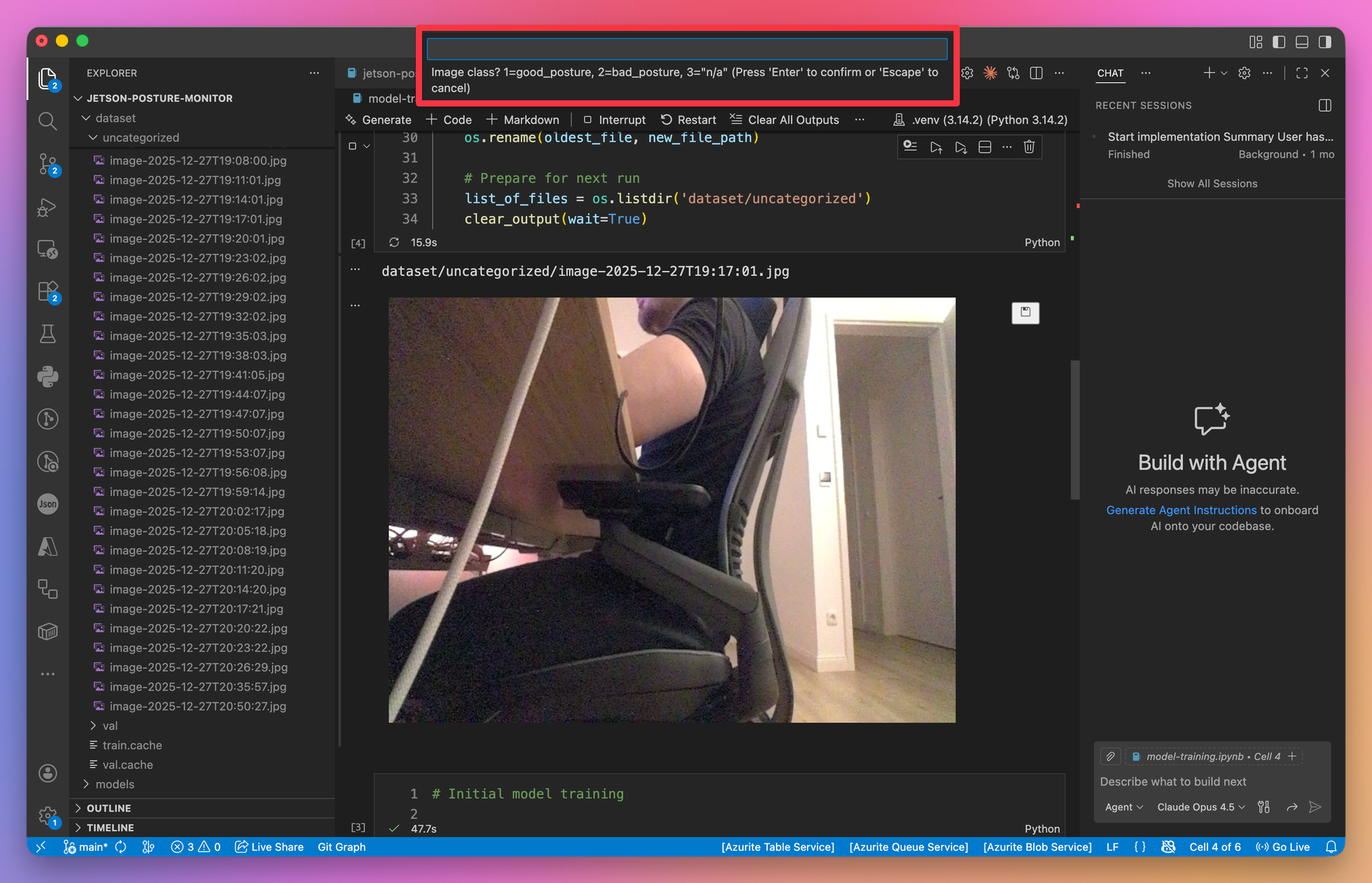 Jupyter Notebook interface showing image classification workflow for YOLO training data
