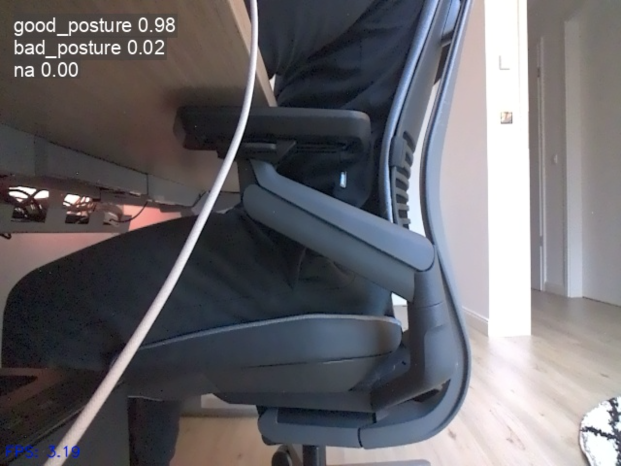 YOLO model correctly detecting good sitting posture with high confidence